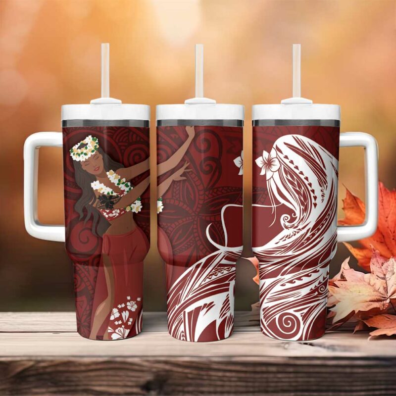 Tahiti Islands Polynesian Plumeria Tahitian Vahine ‚ÄòOte‚Äôa Scarlet Custom Stanley Quencher 40oz Stainless Steel Tumbler With Handle - Threewoofs - Image 4