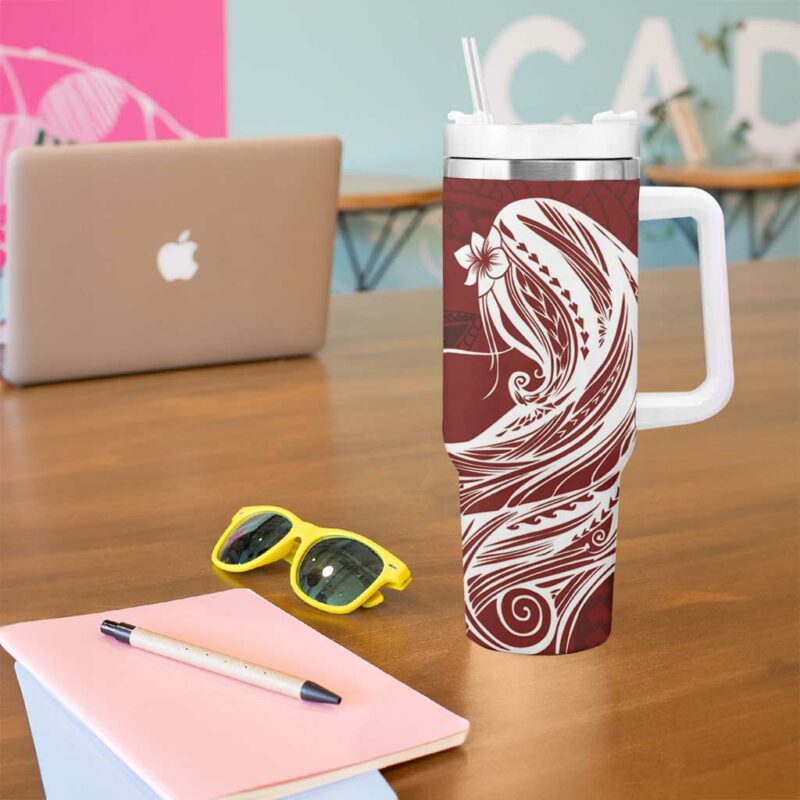 Tahiti Islands Polynesian Plumeria Tahitian Vahine ‚ÄòOte‚Äôa Scarlet Custom Stanley Quencher 40oz Stainless Steel Tumbler With Handle - Threewoofs - Image 5