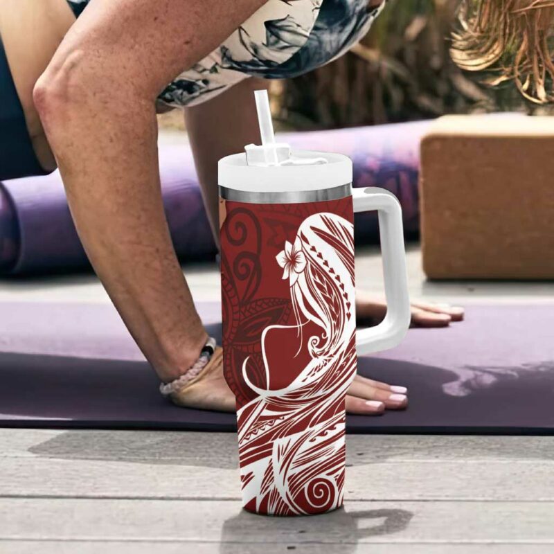 Tahiti Islands Polynesian Plumeria Tahitian Vahine ‚ÄòOte‚Äôa Scarlet Custom Stanley Quencher 40oz Stainless Steel Tumbler With Handle - Threewoofs - Image 6