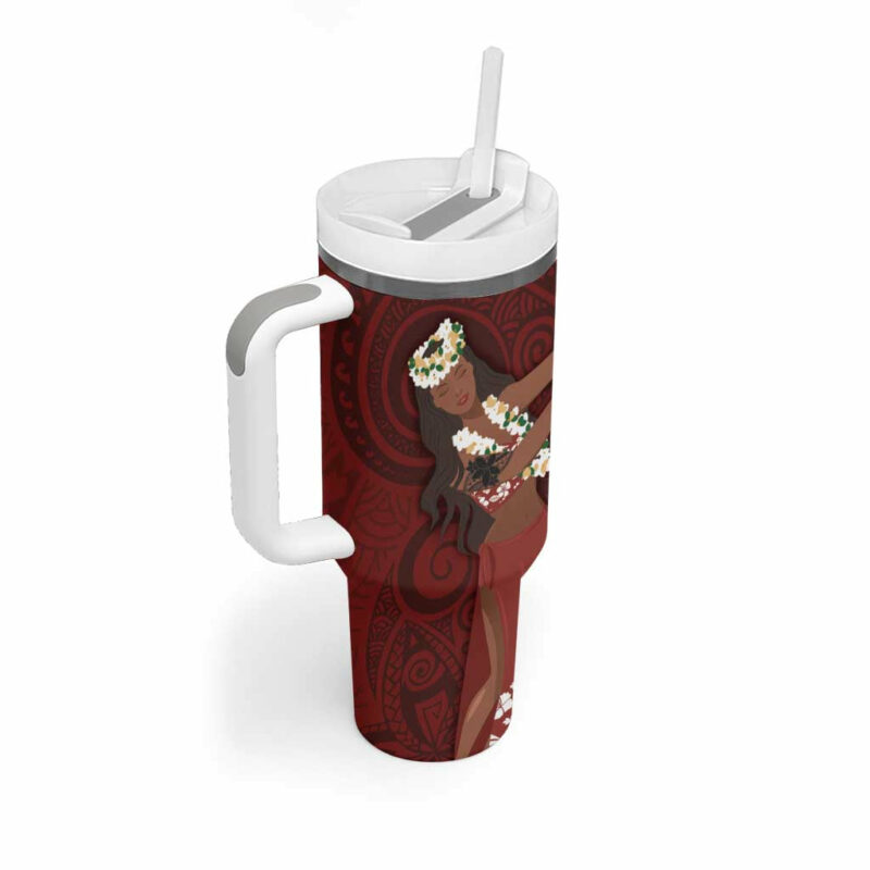 Tahiti Islands Polynesian Plumeria Tahitian Vahine ‚ÄòOte‚Äôa Scarlet Custom Stanley Quencher 40oz Stainless Steel Tumbler With Handle - Threewoofs - Image 2