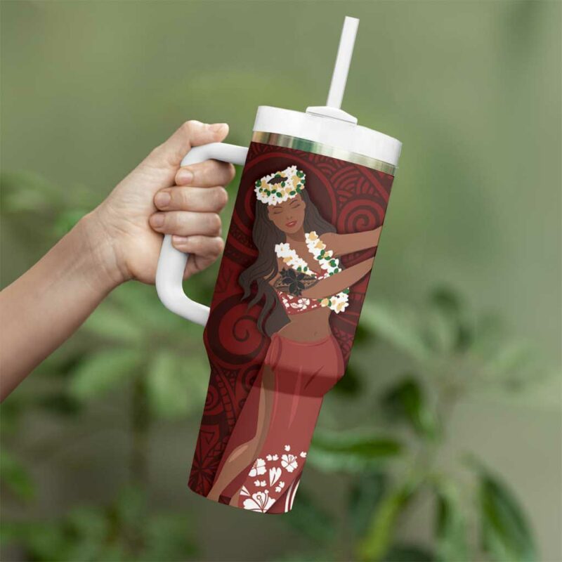 Tahiti Islands Polynesian Plumeria Tahitian Vahine ‚ÄòOte‚Äôa Scarlet Custom Stanley Quencher 40oz Stainless Steel Tumbler With Handle - Threewoofs - Image 3