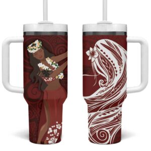 Tahiti Islands Polynesian Plumeria Tahitian Vahine ‚ÄòOte‚Äôa Scarlet Custom Stanley Quencher 40oz Stainless Steel Tumbler With Handle - Threewoofs