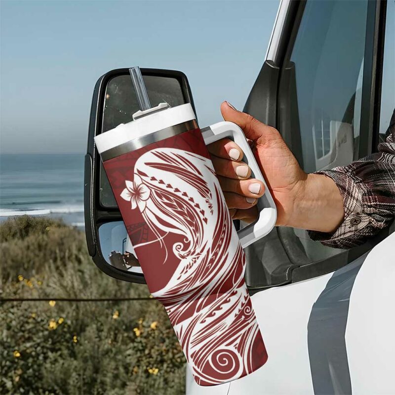 Tahiti Islands Polynesian Plumeria Tahitian Vahine ‚ÄòOte‚Äôa Scarlet Custom Stanley Quencher 40oz Stainless Steel Tumbler With Handle - Threewoofs - Image 7