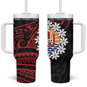 Tahitian Coat Of Arm and Tiare Flower Polynesian Tribal Tattoo Custom Stanley Quencher 40oz Stainless Steel Tumbler With Handle - Threewoofs
