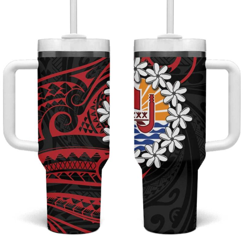 Tahitian Coat Of Arm and Tiare Flower Polynesian Tribal Tattoo Custom Stanley Quencher 40oz Stainless Steel Tumbler With Handle - Threewoofs
