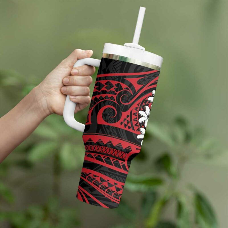 Tahitian Coat Of Arm and Tiare Flower Polynesian Tribal Tattoo Custom Stanley Quencher 40oz Stainless Steel Tumbler With Handle - Threewoofs - Image 3