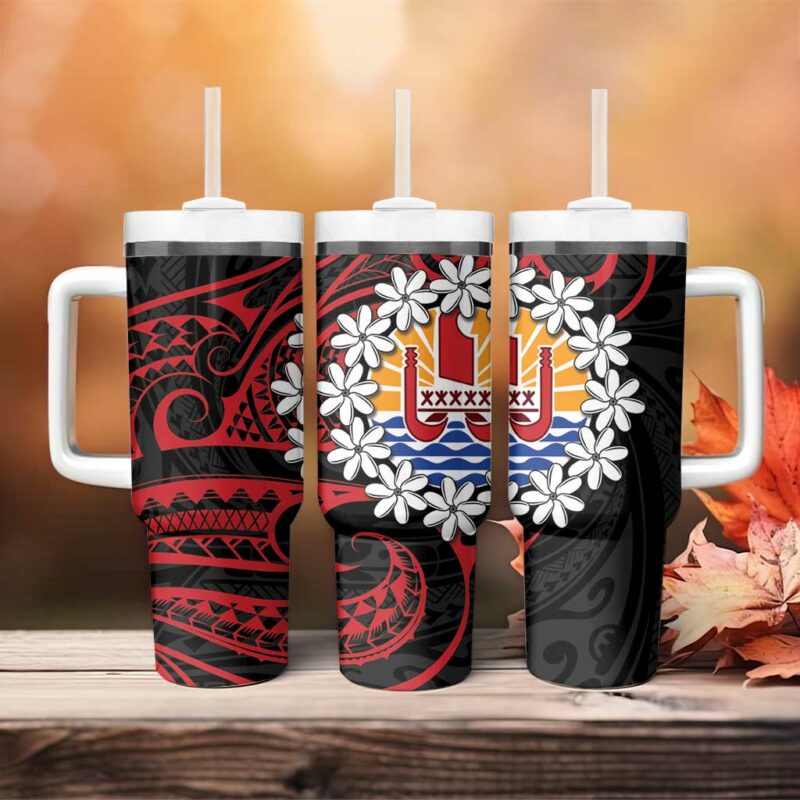 Tahitian Coat Of Arm and Tiare Flower Polynesian Tribal Tattoo Custom Stanley Quencher 40oz Stainless Steel Tumbler With Handle - Threewoofs - Image 4