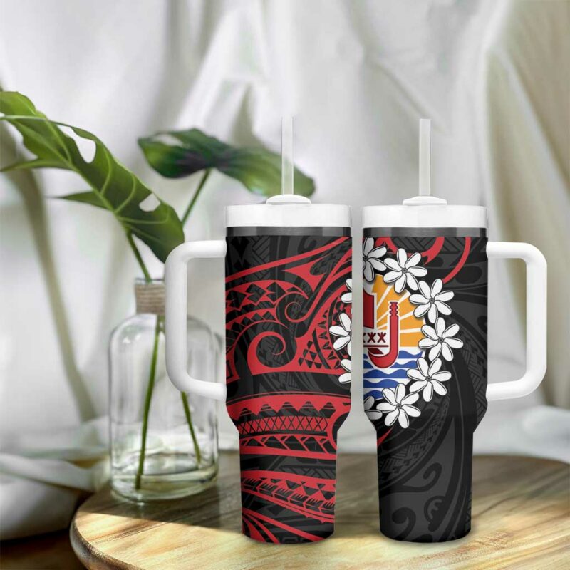 Tahitian Coat Of Arm and Tiare Flower Polynesian Tribal Tattoo Custom Stanley Quencher 40oz Stainless Steel Tumbler With Handle - Threewoofs - Image 9