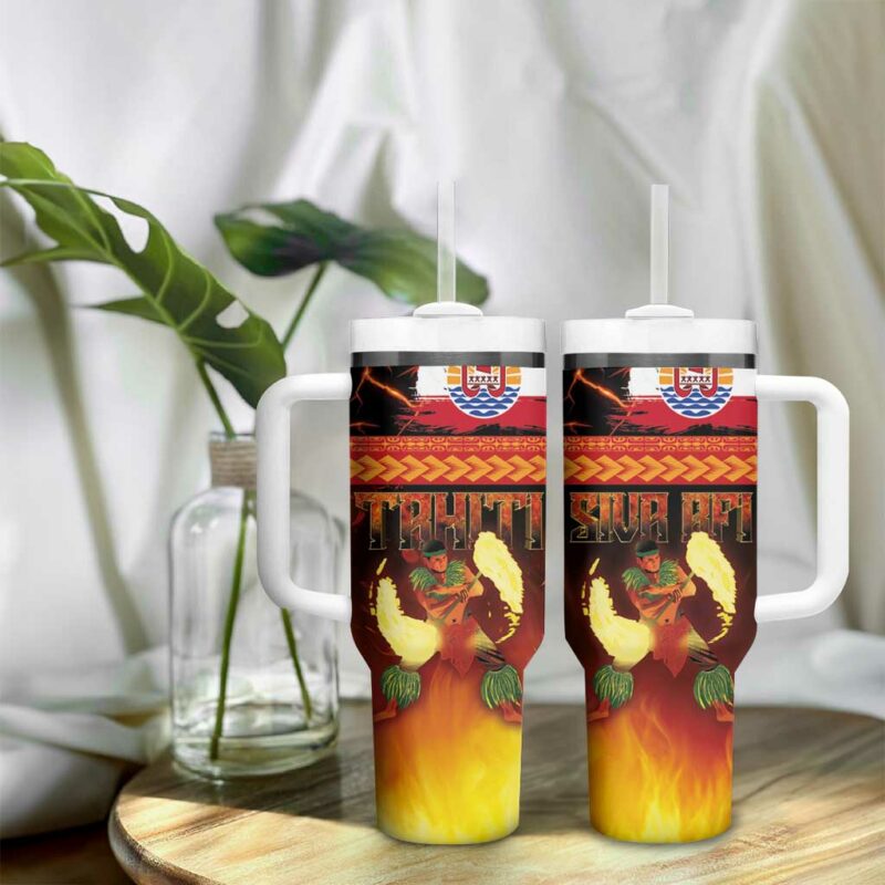Tahitian Siva Afi Tribal Performers of Tahitian Fire Knife Dancing Custom Stanley Quencher 40oz Stainless Steel Tumbler With Handle - Threewoofs - Image 9