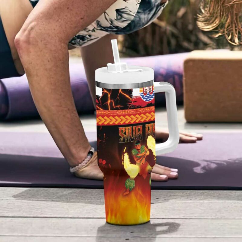 Tahitian Siva Afi Tribal Performers of Tahitian Fire Knife Dancing Custom Stanley Quencher 40oz Stainless Steel Tumbler With Handle - Threewoofs - Image 6