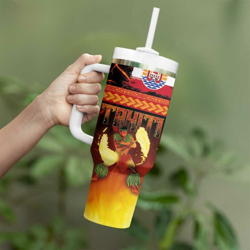 Tahitian Siva Afi Tribal Performers of Tahitian Fire Knife Dancing Custom Stanley Quencher 40oz Stainless Steel Tumbler With Handle - Threewoofs - Image 3