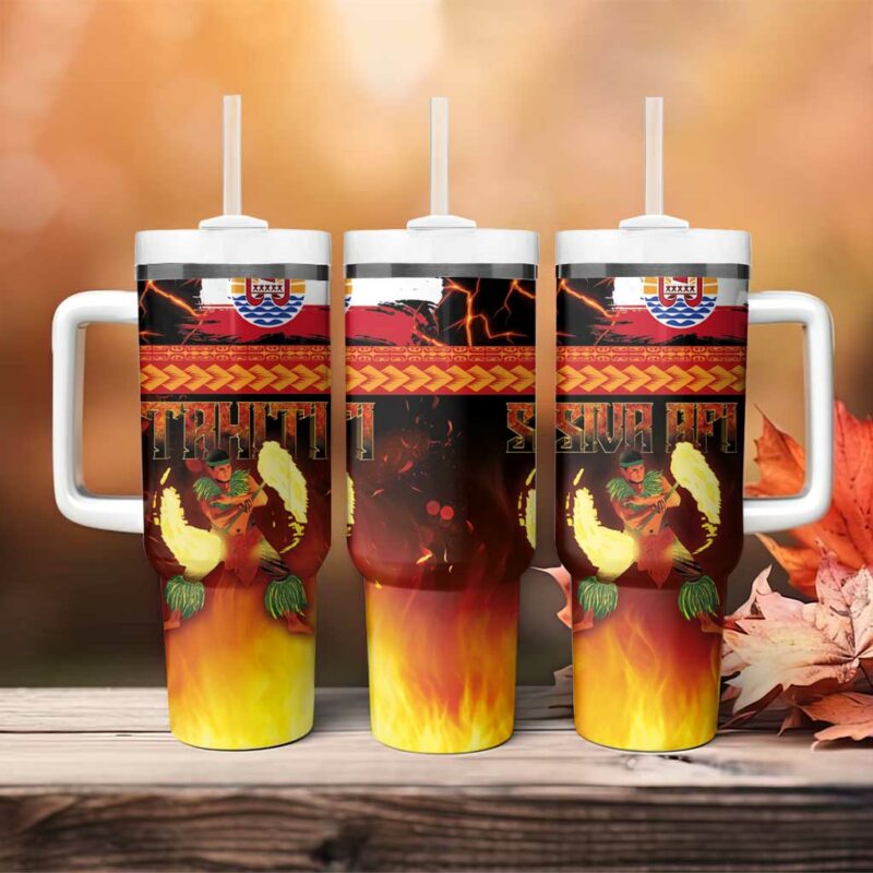 Tahitian Siva Afi Tribal Performers of Tahitian Fire Knife Dancing Custom Stanley Quencher 40oz Stainless Steel Tumbler With Handle - Threewoofs - Image 4
