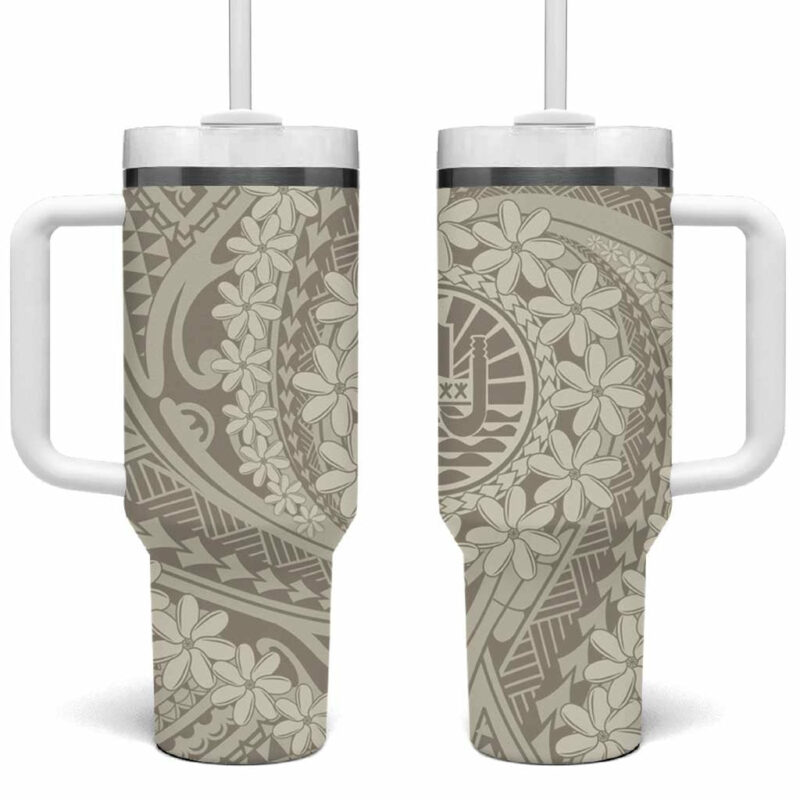 Tahitian Tiare Flower Beige Polynesian Custom Stanley Quencher 40oz Stainless Steel Tumbler With Handle - Threewoofs