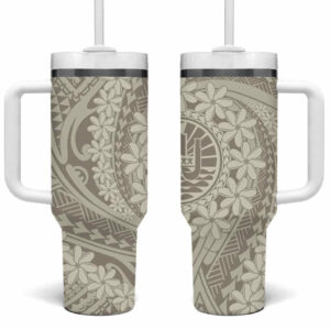 Tahitian Tiare Flower Beige Polynesian Custom Stanley Quencher 40oz Stainless Steel Tumbler With Handle - Threewoofs