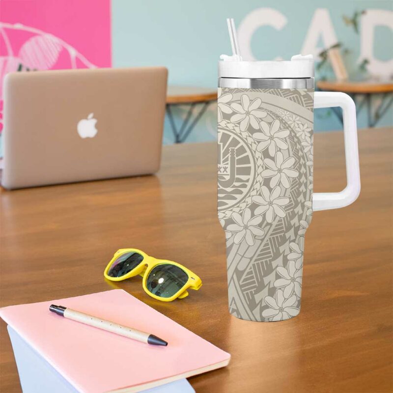 Tahitian Tiare Flower Beige Polynesian Custom Stanley Quencher 40oz Stainless Steel Tumbler With Handle - Threewoofs - Image 5