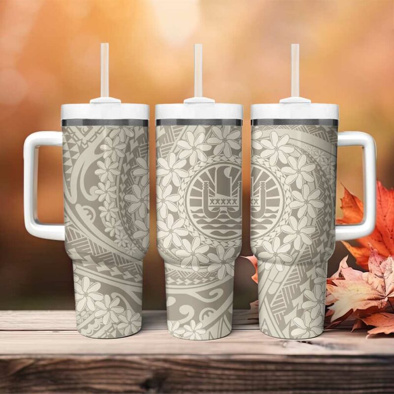 Tahitian Tiare Flower Beige Polynesian Custom Stanley Quencher 40oz Stainless Steel Tumbler With Handle - Threewoofs - Image 4