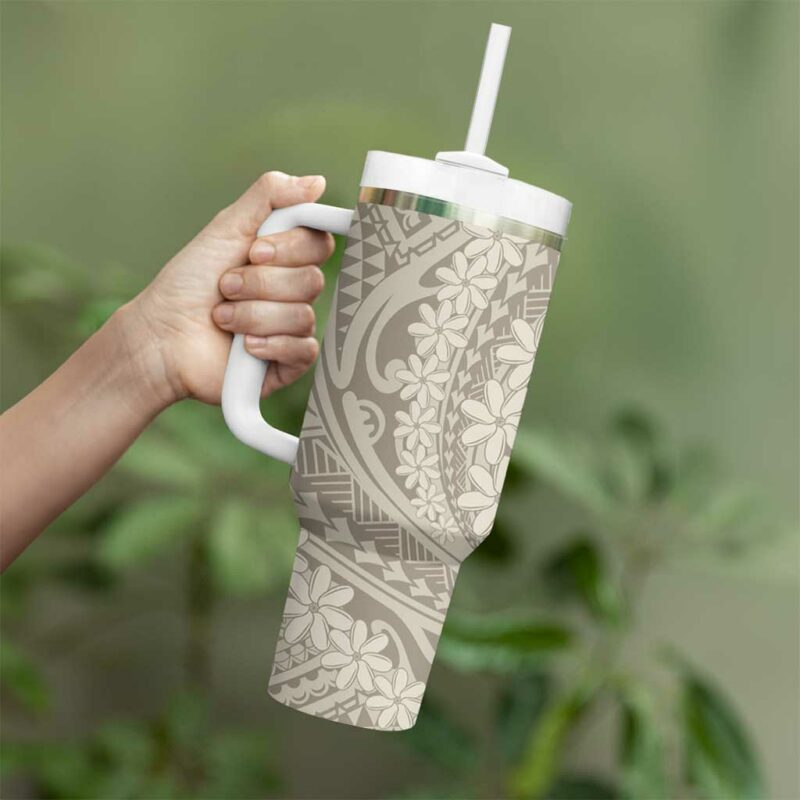 Tahitian Tiare Flower Beige Polynesian Custom Stanley Quencher 40oz Stainless Steel Tumbler With Handle - Threewoofs - Image 3