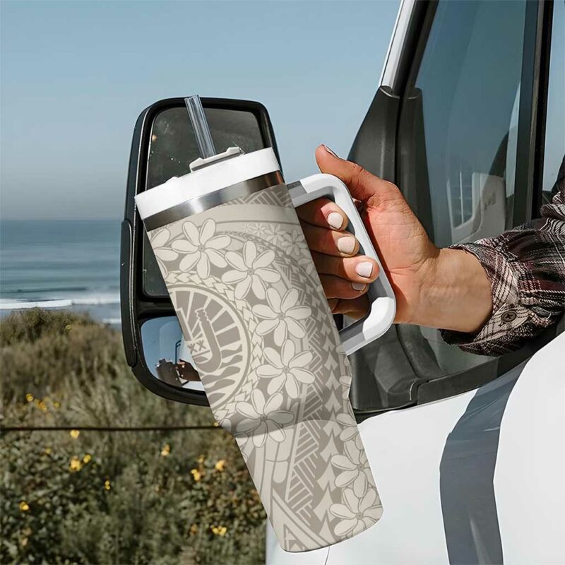Tahitian Tiare Flower Beige Polynesian Custom Stanley Quencher 40oz Stainless Steel Tumbler With Handle - Threewoofs - Image 7