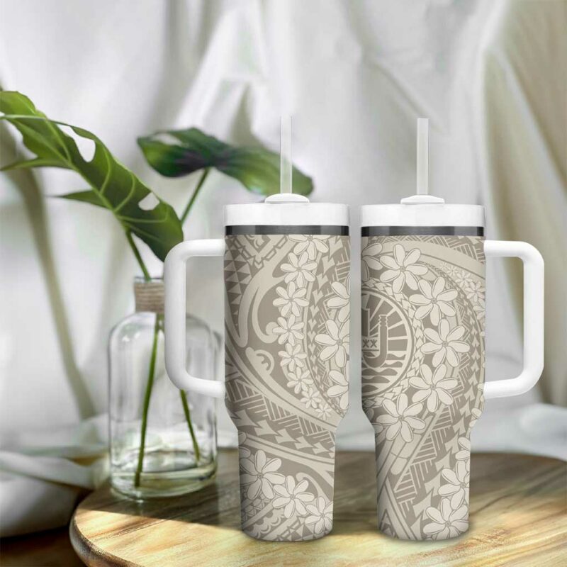 Tahitian Tiare Flower Beige Polynesian Custom Stanley Quencher 40oz Stainless Steel Tumbler With Handle - Threewoofs - Image 9