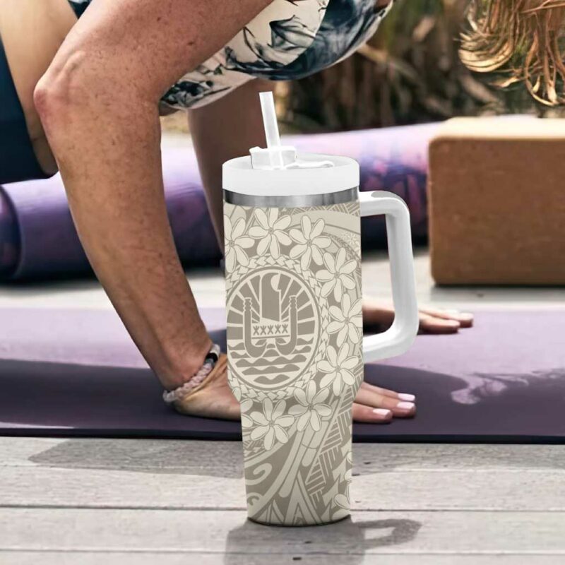 Tahitian Tiare Flower Beige Polynesian Custom Stanley Quencher 40oz Stainless Steel Tumbler With Handle - Threewoofs - Image 6