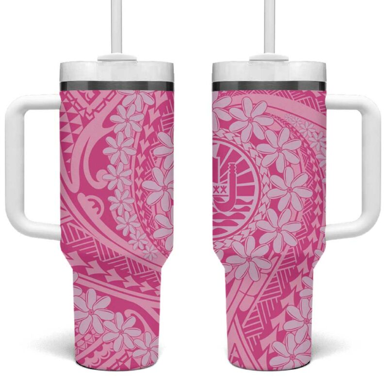 Tahitian Tiare Flower Pink Polynesian Custom Stanley Quencher 40oz Stainless Steel Tumbler With Handle - Threewoofs