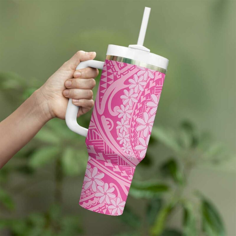 Tahitian Tiare Flower Pink Polynesian Custom Stanley Quencher 40oz Stainless Steel Tumbler With Handle - Threewoofs - Image 3