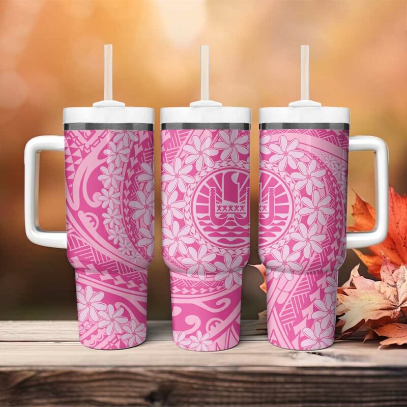Tahitian Tiare Flower Pink Polynesian Custom Stanley Quencher 40oz Stainless Steel Tumbler With Handle - Threewoofs - Image 4