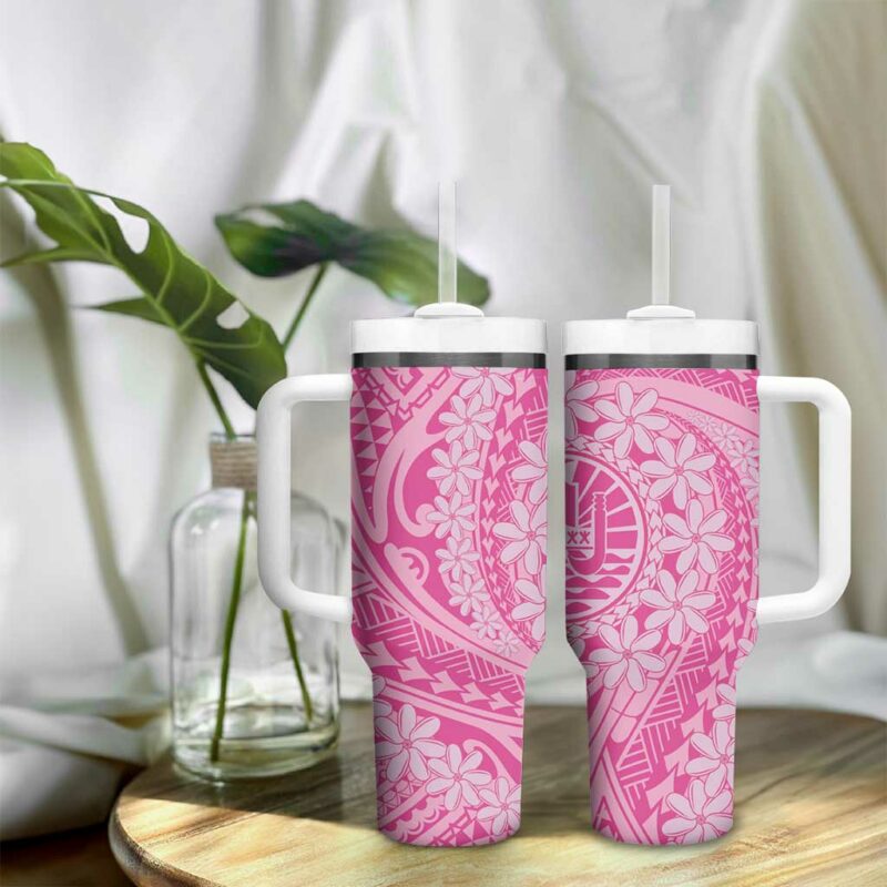 Tahitian Tiare Flower Pink Polynesian Custom Stanley Quencher 40oz Stainless Steel Tumbler With Handle - Threewoofs - Image 9