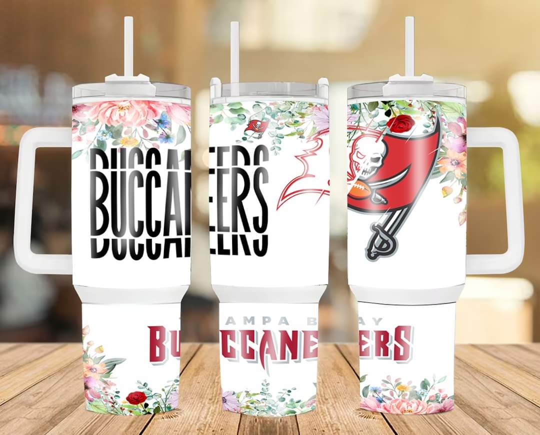 Floral Buccaneers Travel Mug with Handle & Straw - Perfect for Fans