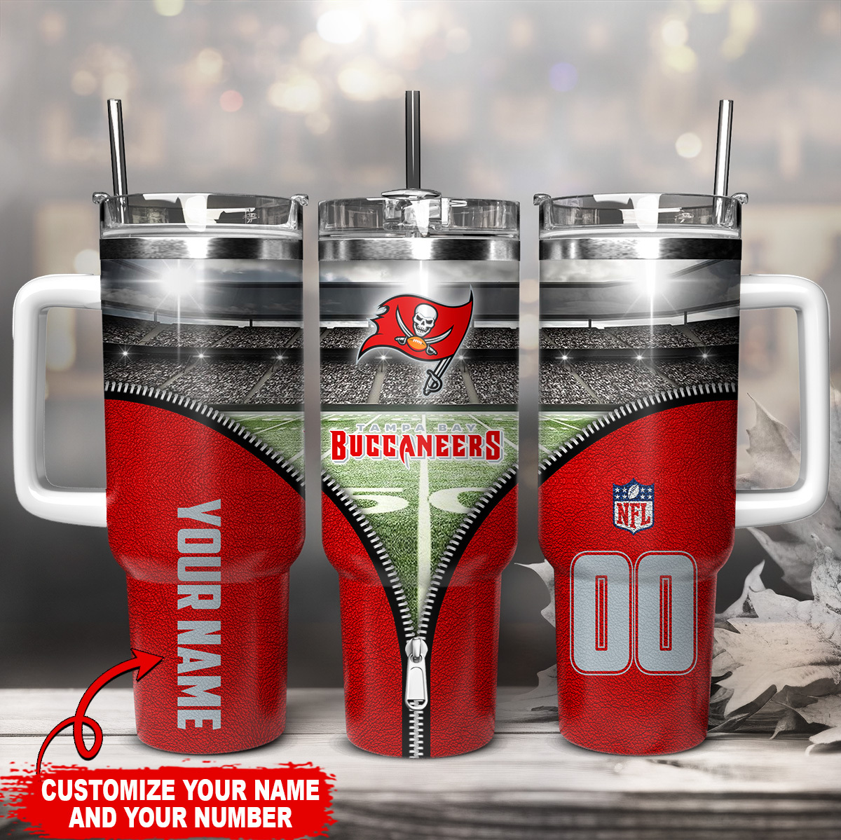 Customizable Buccaneers Tumbler with Handle - Add Your Name & Number