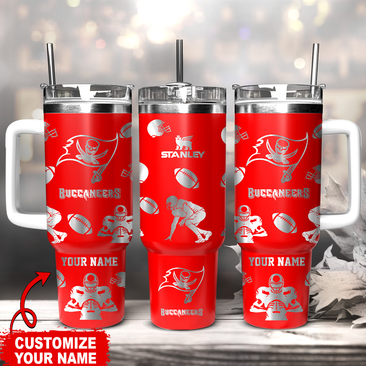 Customizable Buccaneers Tumbler with Handle - Personalized NFL Fan Gift