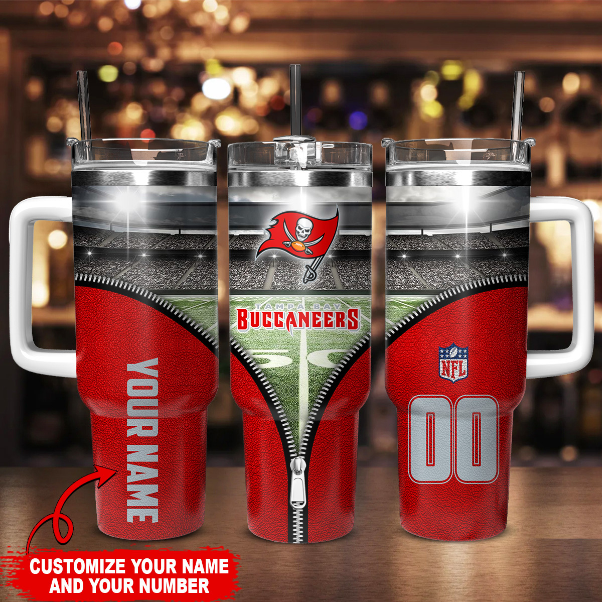 Customizable Buccaneers Tumbler with Handle - Add Your Name & Number - Image 2