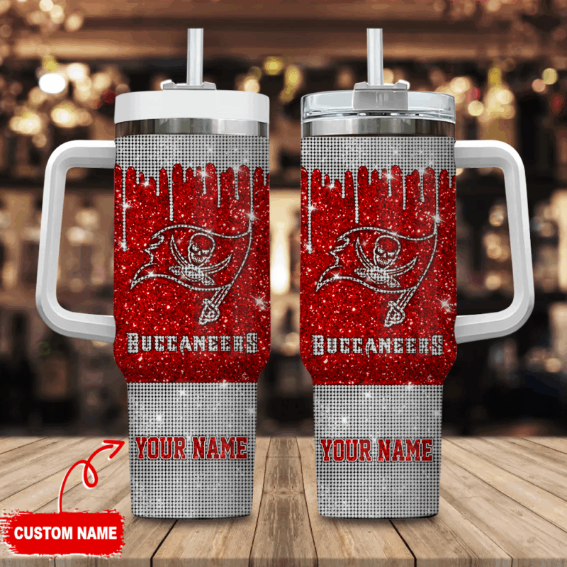 Tampa Bay Buccaneers NFL Glitter Custom Stanley Quencher 40oz Stainless Steel Tumbler With Handle - Threewoofs