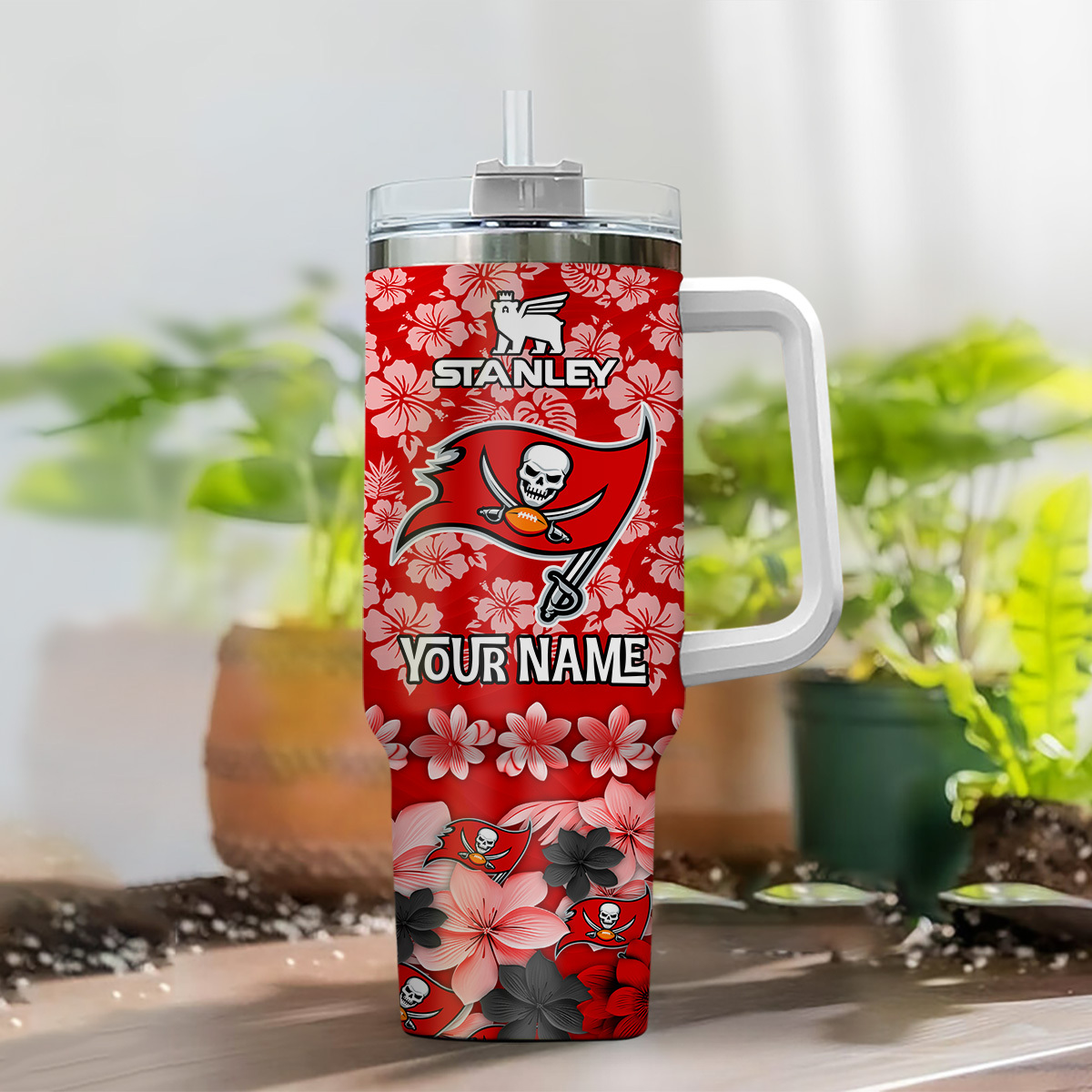 Personalized Buccaneers Floral Tumbler - Custom Name Sports Fan Gift - Image 2