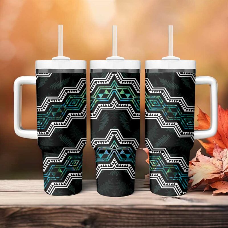 Taniko Aotearoa Mix Paua Shell Niho Taniwha Turquoise Glitter Custom Stanley Quencher 40oz Stainless Steel Tumbler With Handle - Threewoofs - Image 4