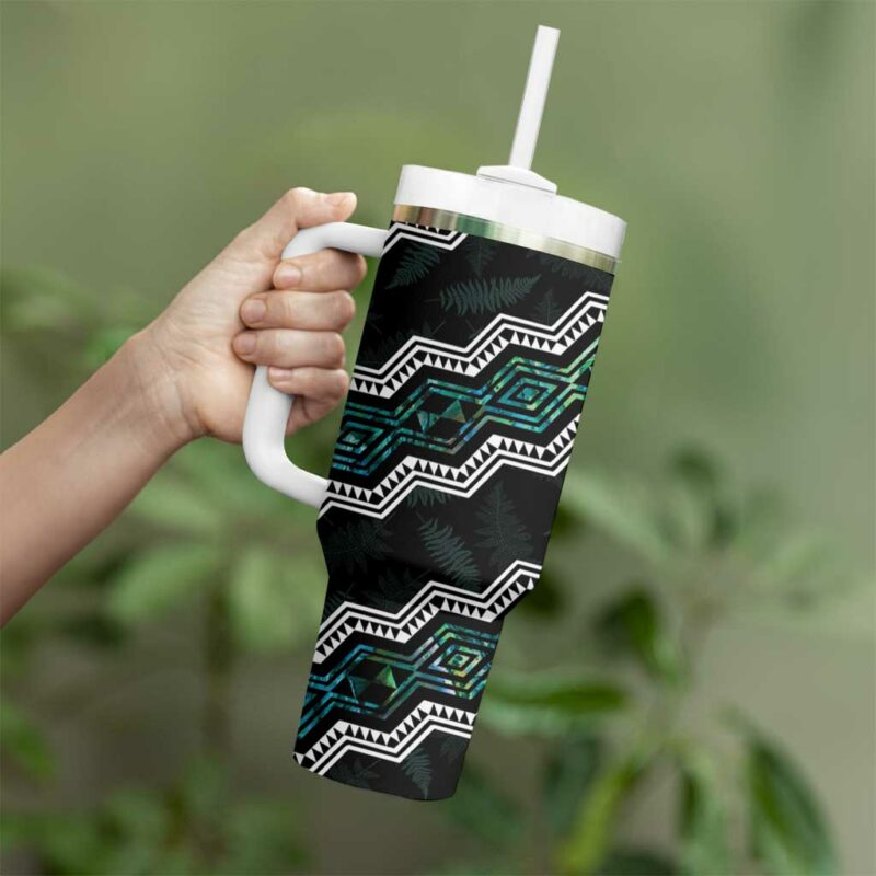 Taniko Aotearoa Mix Paua Shell Niho Taniwha Turquoise Glitter Custom Stanley Quencher 40oz Stainless Steel Tumbler With Handle - Threewoofs - Image 3