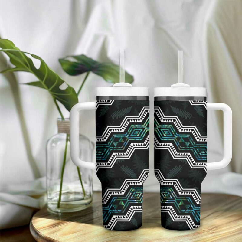 Taniko Aotearoa Mix Paua Shell Niho Taniwha Turquoise Glitter Custom Stanley Quencher 40oz Stainless Steel Tumbler With Handle - Threewoofs - Image 9