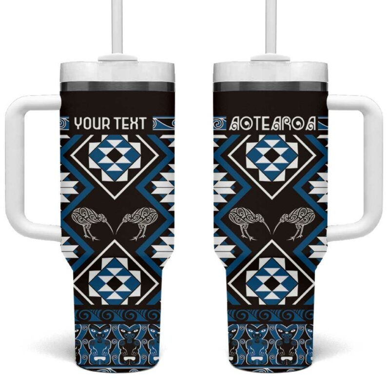 Taniko Motifs Aotearoa Waitangi Kowhaiwhai Kiwi Blue Custom Stanley Quencher 40oz Stainless Steel Tumbler With Handle - Threewoofs