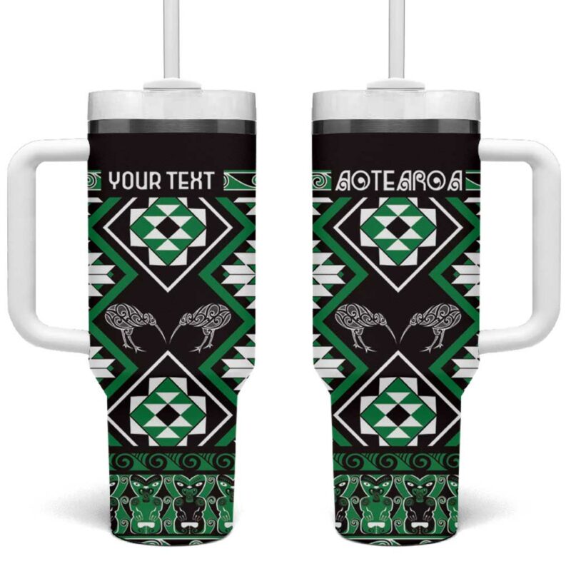 Taniko Motifs Aotearoa Waitangi Kowhaiwhai Kiwi Green Custom Stanley Quencher 40oz Stainless Steel Tumbler With Handle - Threewoofs
