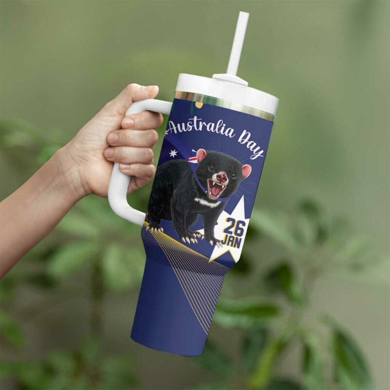 Tasimania Devil Australia Day Aussie Aussie Aussie Oi! Oi! Oi! ‚Äì Blue Custom Stanley Quencher 40oz Stainless Steel Tumbler With Handle - Threewoofs - Image 4
