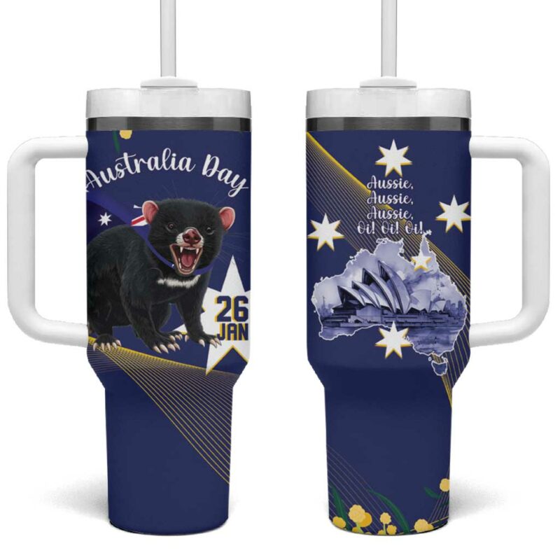 Tasimania Devil Australia Day Aussie Aussie Aussie Oi! Oi! Oi! ‚Äì Blue Custom Stanley Quencher 40oz Stainless Steel Tumbler With Handle - Threewoofs - Image 2
