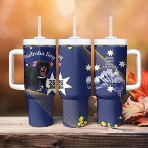 Tasimania Devil Australia Day Aussie Aussie Aussie Oi! Oi! Oi! ‚Äì Blue Custom Stanley Quencher 40oz Stainless Steel Tumbler With Handle - Threewoofs