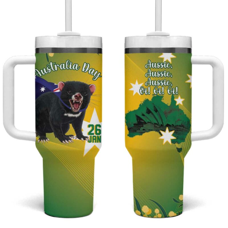 Tasimania Devil Australia Day Aussie Aussie Aussie Oi! Oi! Oi! ‚Äì Green Custom Stanley Quencher 40oz Stainless Steel Tumbler With Handle - Threewoofs - Image 2