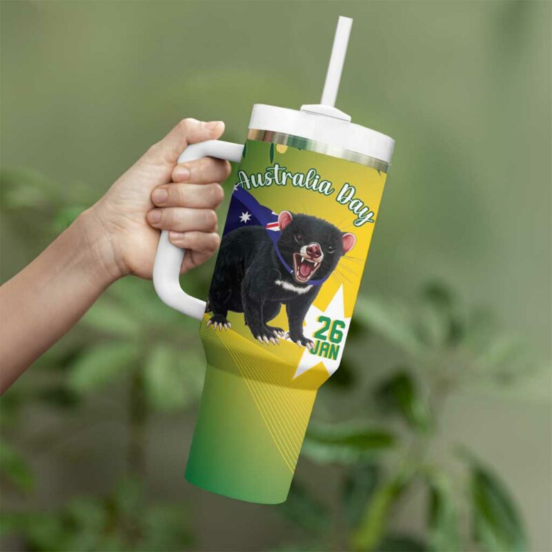 Tasimania Devil Australia Day Aussie Aussie Aussie Oi! Oi! Oi! ‚Äì Green Custom Stanley Quencher 40oz Stainless Steel Tumbler With Handle - Threewoofs - Image 4