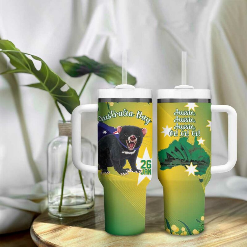 Tasimania Devil Australia Day Aussie Aussie Aussie Oi! Oi! Oi! ‚Äì Green Custom Stanley Quencher 40oz Stainless Steel Tumbler With Handle - Threewoofs - Image 9