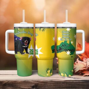 Tasimania Devil Australia Day Aussie Aussie Aussie Oi! Oi! Oi! ‚Äì Green Custom Stanley Quencher 40oz Stainless Steel Tumbler With Handle - Threewoofs