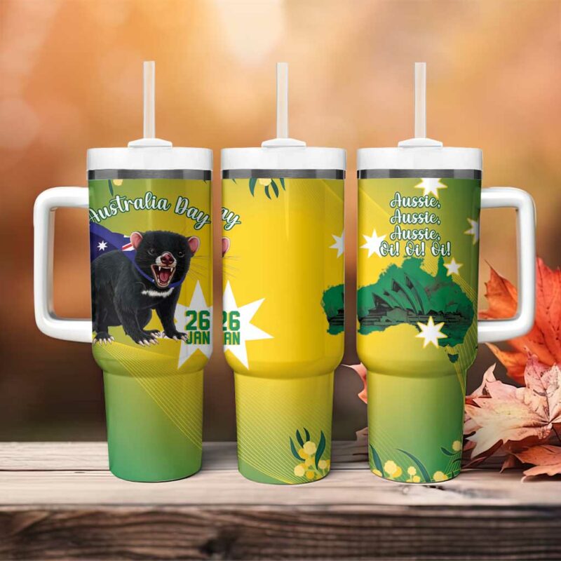 Tasimania Devil Australia Day Aussie Aussie Aussie Oi! Oi! Oi! ‚Äì Green Custom Stanley Quencher 40oz Stainless Steel Tumbler With Handle - Threewoofs