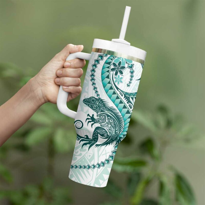 Teal Maori Tuatara Luxury Pastel Custom Stanley Quencher 40oz Stainless Steel Tumbler With Handle - Threewoofs - Image 3