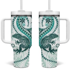 Teal Maori Tuatara Luxury Pastel Custom Stanley Quencher 40oz Stainless Steel Tumbler With Handle - Threewoofs