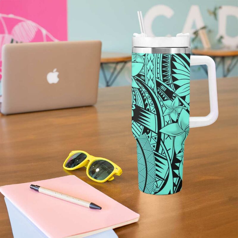 Teal Pacific Flowers Tribal Polynesian Custom Stanley Quencher 40oz Stainless Steel Tumbler With Handle - Threewoofs - Image 5